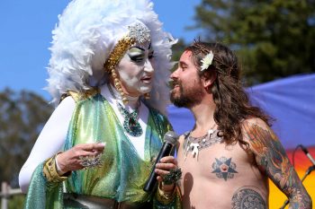 Sister Roma judges a Hunky Jesus contestant during The Sisters of Perpetual Indulgence 35th Anniversary