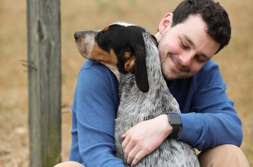 woman in purple jacket holding black and white short coated dog