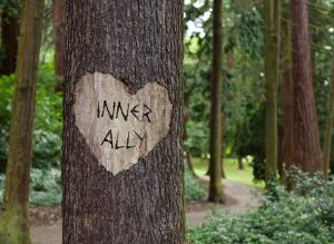 The words inner ally carved into heart on tree