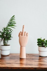 a wooden sculpture of a hand is on a table. middle finger is raised in insult